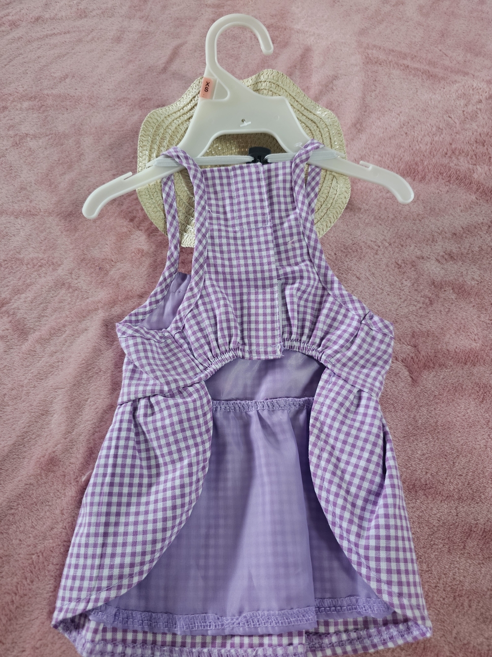 Kj Brand Lavender Gingham Embroidered Dog Sundress with Straw Hat "XS" - Picture 5 of 8